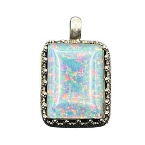 Blue rectangle faux opal fancy setting sterling silver pendant for necklace